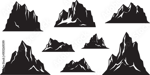 Black Solid Arctic Iceberg Mountain Silhouettes Set of Six on White Background