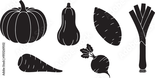 Black Solid Autumn Vegetable Silhouettes Set of Six on White Background