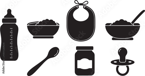 Black Solid Baby Food Silhouettes Set of Six on White Background