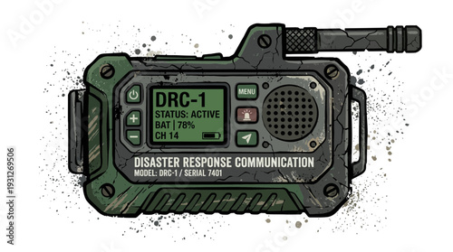 Rugged communication device for disaster response, digital screen, white background