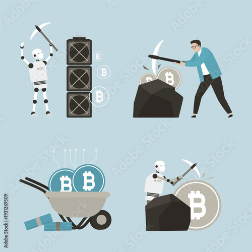 Set of designs on mining and farming bitcoins theme. Robot miner with pickaxe. Investor with virtual currency. Data center, farming crypto coins, blockchain technology