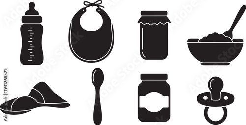 Black Solid Baby Food Silhouettes Set of Six on White Background
