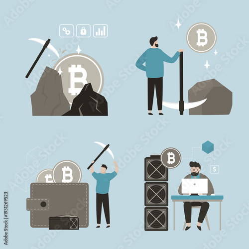 Set of designs on mining and farming bitcoins theme. Businessman miner with pickaxe. Investor with virtual currency. Data center, farming crypto coins, blockchain technology