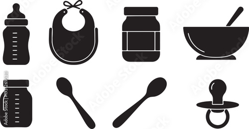 Black Solid Baby Food Silhouettes Set of Six on White Background