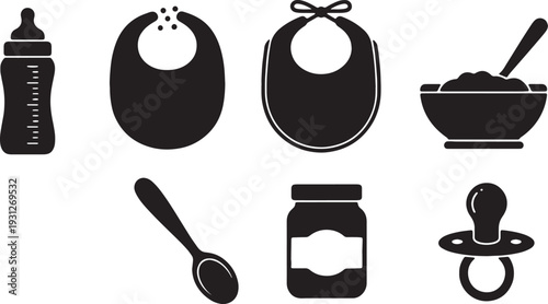 Black Solid Baby Food Silhouettes Set of Six on White Background