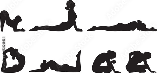 Black Solid Back Health Childs Pose Silhouettes Set of Six on White Background