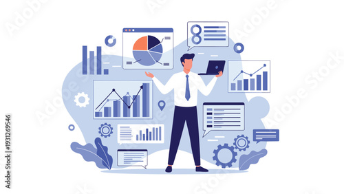 Expert data scientist or manager orchestrating complex business information through interactive digital charts and graphs.