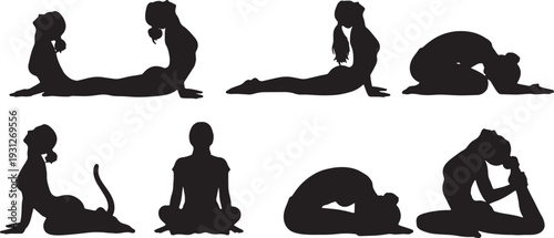 Black Solid Back Health Cobra Yoga Silhouettes Set of Six on White Background