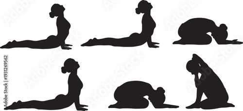 Black Solid Back Health Cobra Yoga Silhouettes Set of Six on White Background