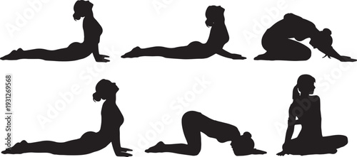 Black Solid Back Health Cobra Yoga Silhouettes Set of Six on White Background