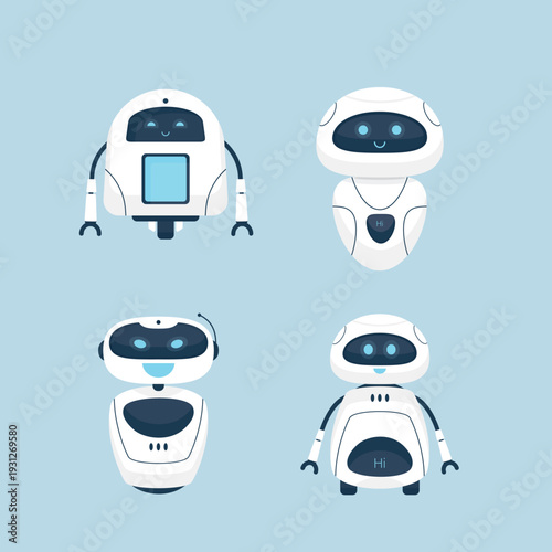 Set of four cute robots. AI chat bot, modern technology, collection of mobile assistants or home helpers, future innovation.