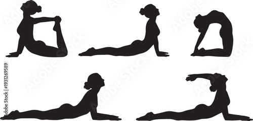 Black Solid Back Health Relief Yoga Silhouettes Set of Six on White Background