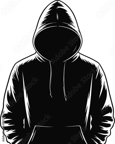 Silhouette of a hooded figure face obscured in shadow minimalist black and white design