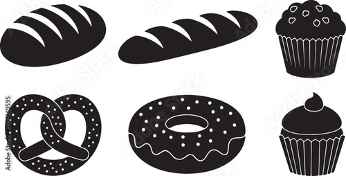 Black Solid Bakery and Pastry Silhouettes Set of Six on White Background