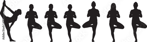 Black Solid Balance Focus Yoga Poses Silhouettes Set of Six on White Background