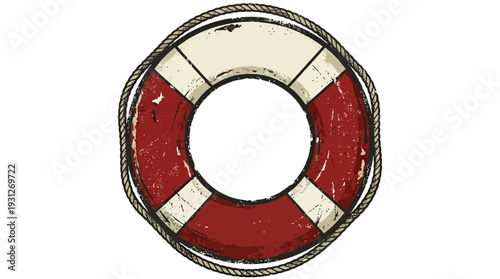 Vintage life preserver ring with rope detail, isolated on white background