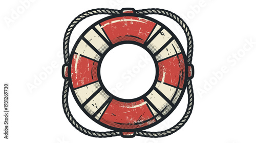 Vintage life preserver ring with rope, rescue equipment detail