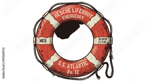 Vintage life preserver ring with rope, weathered texture, rescue equipment