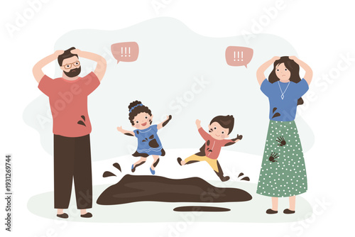 Dirty children jump and have fun in the mud. Childhood, fun and activity for kids. muddy puddle and dirty children. Parents upset by their children's bad behavior.