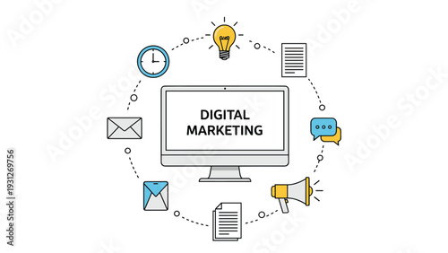 Digital marketing concept showing a desktop computer screen surrounded by essential communication and strategy icons.