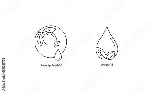 Nourishing Face and Body Oil Vector Icons: Rosehip Seed Oil and Argan Oil in Thin Line Art Style