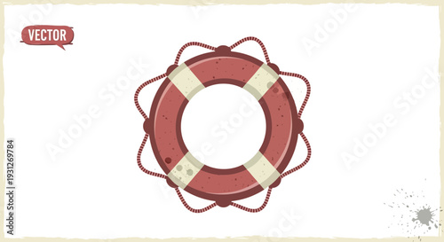 Vintage lifebuoy with rope, nautical safety equipment, vector illustration