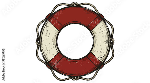 Vintage lifebuoy with rope, rescue equipment, nautical safety symbol