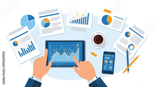 Business executive reviews financial reports and performance charts on a digital tablet at a desk with a coffee cup.