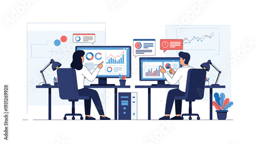 Data analysts working in a modern office environment using large desktop computers to visualize complex business statistics.