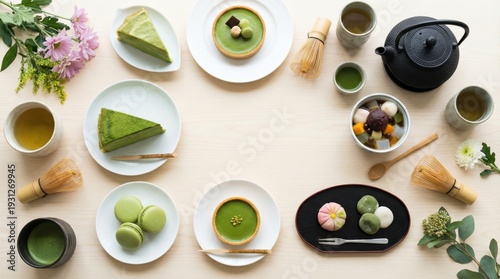 A bird's-eye frame of matcha sweets and Japanese sweets/抹茶スイーツと和菓子の俯瞰フレーム