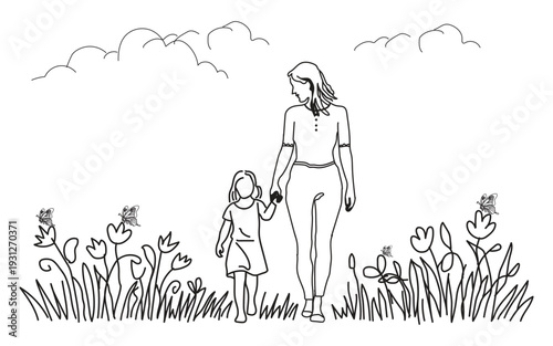 A woman and a little girl in a field of flowers