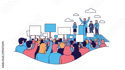 Political leader or public speaker addressing a large diverse crowd of supporters during a rally with blank protest signs.