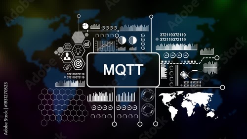 Business, Technology, Internet and network concept. Enterprise resource planning MQTT concept, Abstract technology symbols on Futuristic Technology world map Background. 4k