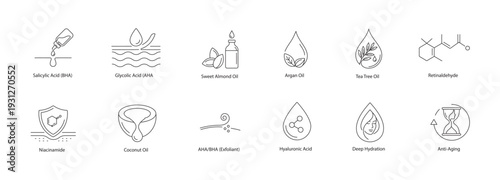 Comprehensive Cosmetic Formula Vector Icons: Exfoliating Acids, Essential Oils, Retinaldehyde, and Anti-Aging Skincare Ingredients Line Art