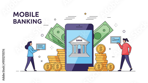 Modern mobile banking technology concept featuring a smartphone screen with bank icon surrounded by money and professional users.