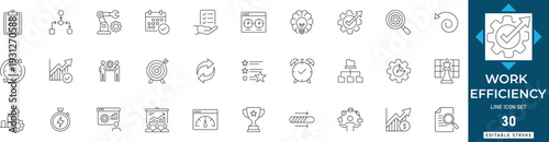 Work efficiency line icon set featuring productivity, performance, speed, optimization, output, automation, and streamline. Professional editable vector set for business
