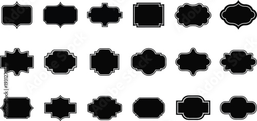 A large collection of ornate black frames and decorative labels with various vintage shapes on a white background