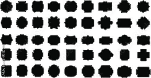 A diverse collection of black abstract geometric and organic shapes arranged neatly in a grid pattern on a clean white background.