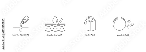 Skincare Acid Exfoliant Icons: Salicylic, Glycolic, Lactic, Mandelic
