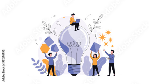 Creative team brainstorming and building new ideas around a giant glowing light bulb with geometric blocks and stars.