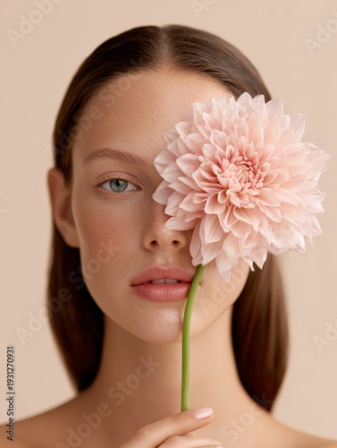 close-up portrait of a young woman holding a flower