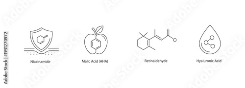 Active Skincare Ingredient Icons: Niacinamide, Malic Acid, Retinaldehyde, Hyaluronic Acid