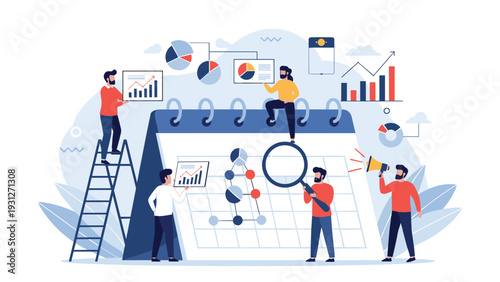 Project management team organizing tasks and deadlines on a giant desktop calendar with various icons and charts.