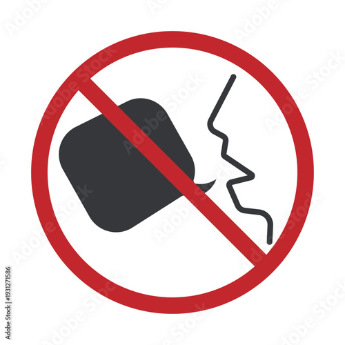 Isolated prohibition sign with face silhouette and speech bubble symbolizing no talking, silence rule in events, meetings, restricted rooms