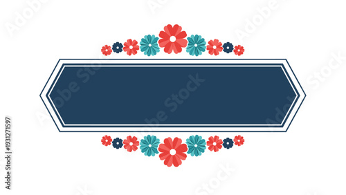Elegant dark blue banner template with symmetrical floral decorations on the top and bottom edges for stylish invitations.