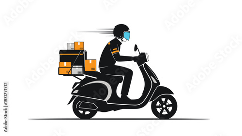 Fast delivery service concept showing a courier on a black scooter with multiple orange and grey packages on the back.
