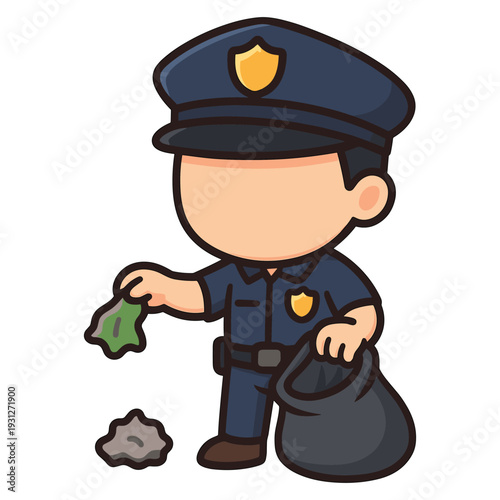 Police officer picking up trash cartoon