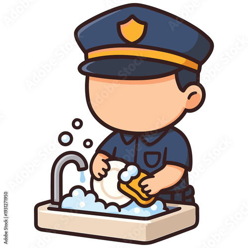 Police Officer Washing Dishes Cartoon Flat Vector