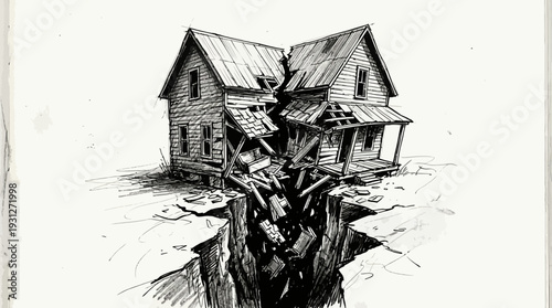 Broken house split by earthquake crack, illustration.