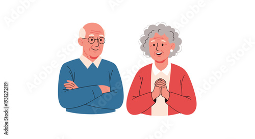 A portrait of a happy and content elderly couple, with the man's arms crossed and the woman's hands clasped together.